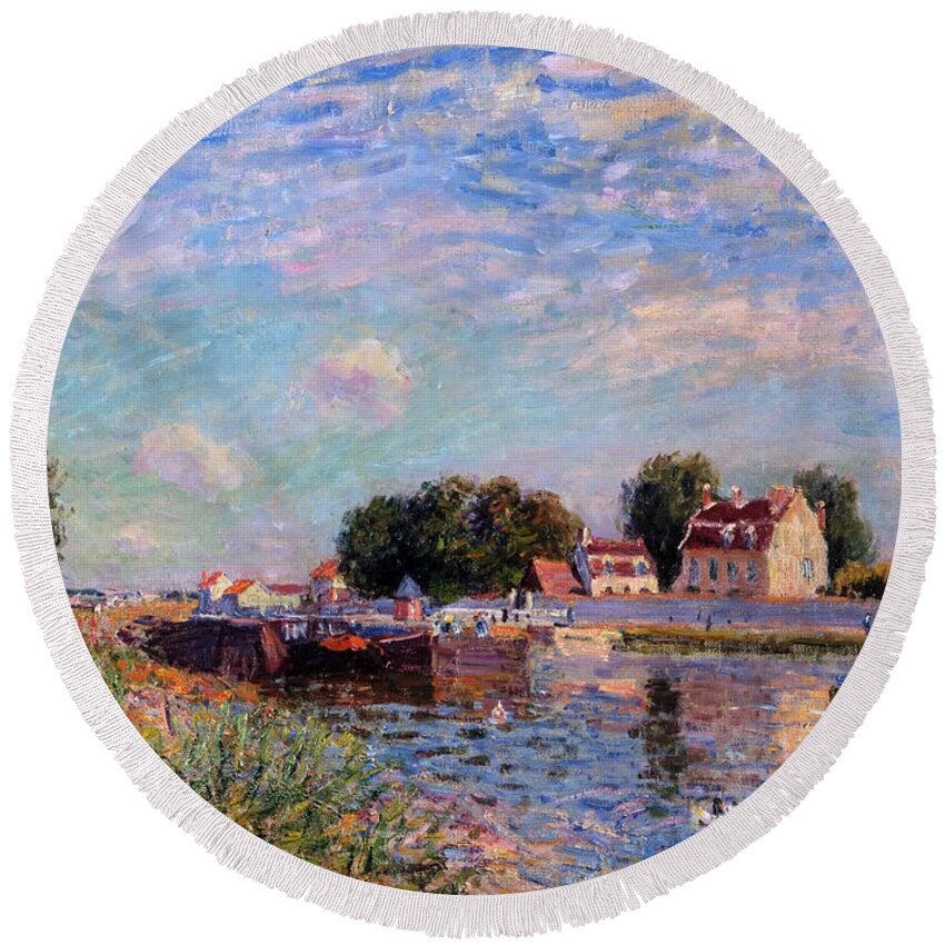 Alfred Sisley Round Beach Towel featuring the painting The Canal at Saint-Mammes by Alfred Sisley