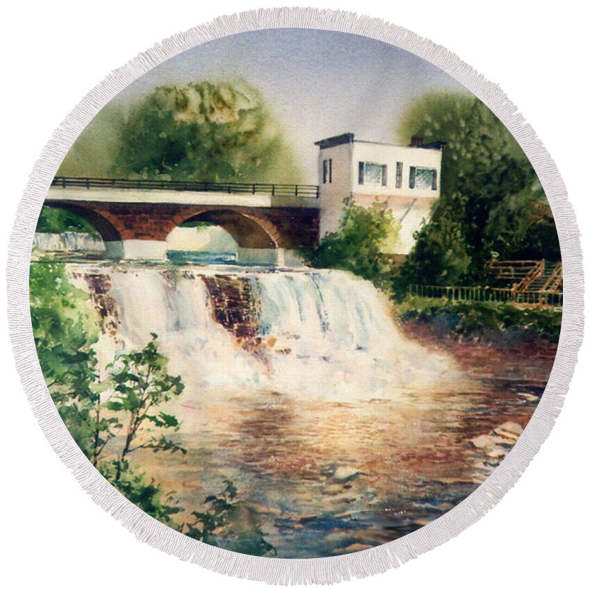 Chagrin Falls Round Beach Towel featuring the painting The Chagrin Falls in Summer by Maryann Boysen