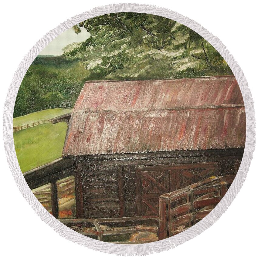 Old Barn Round Beach Towel featuring the painting The Cherrys Barn by Jan Dappen
