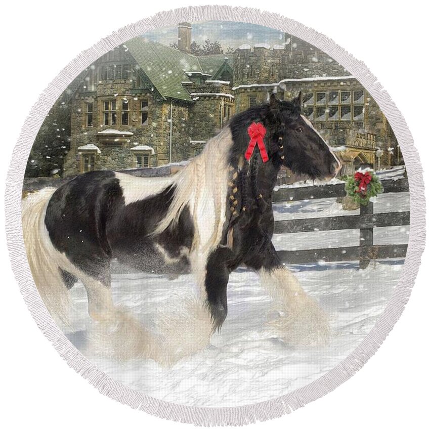 Christmas Round Beach Towel featuring the mixed media The Christmas Pony by Fran J Scott