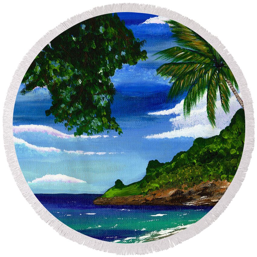 Landscape Round Beach Towel featuring the painting The Coconut Tree by Laura Forde