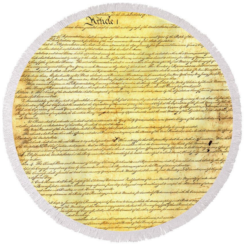 Constitution Round Beach Towel featuring the mixed media The Constitution of the United States of America by Design Turnpike