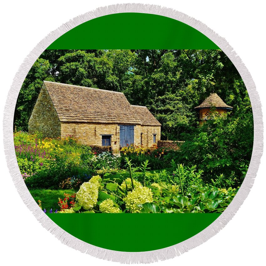 Barn Round Beach Towel featuring the photograph The Cotswald Barn and Dovecove by Daniel Thompson