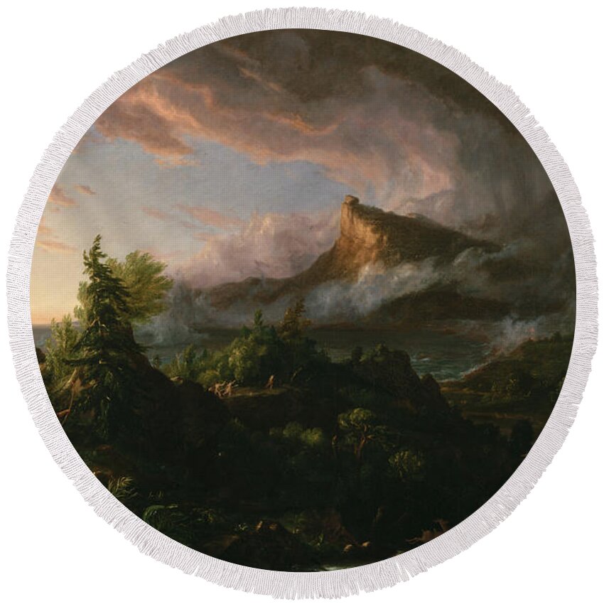 Hudson River School Round Beach Towel featuring the painting The Course of Empire The Savage State by Thomas Cole