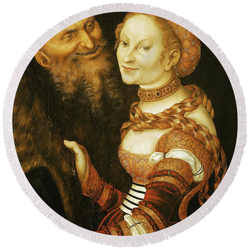 Male Round Beach Towel featuring the photograph The Courtesan And The Old Man, C.1530 Oil On Canvas by Lucas, the Elder Cranach