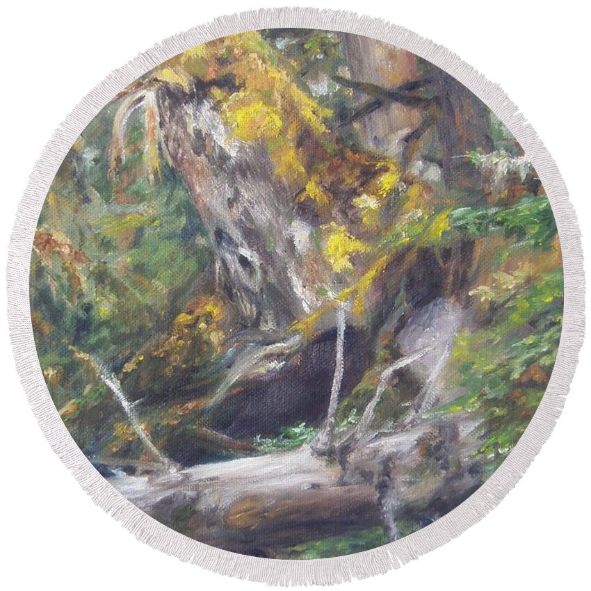 Landscape Round Beach Towel featuring the painting The Crying Log by Lori Brackett