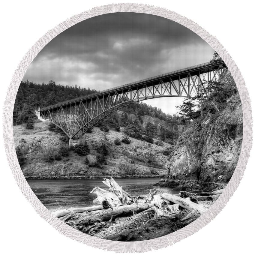 Monotone Round Beach Towel featuring the photograph The Deception Pass Bridge II BW by David Patterson
