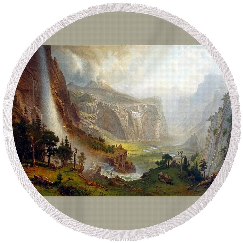 The Domes Of The Yosemitealbert Bierstadt Round Beach Towel featuring the painting The Domes of the Yosemite by Albert Bierstadt