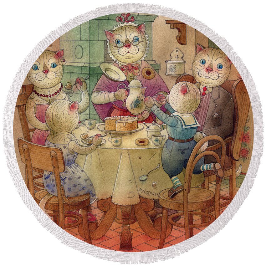 Breakfast Morning Cat Kitchen Red Dream Round Beach Towel featuring the painting The Dream Cat 08 by Kestutis Kasparavicius