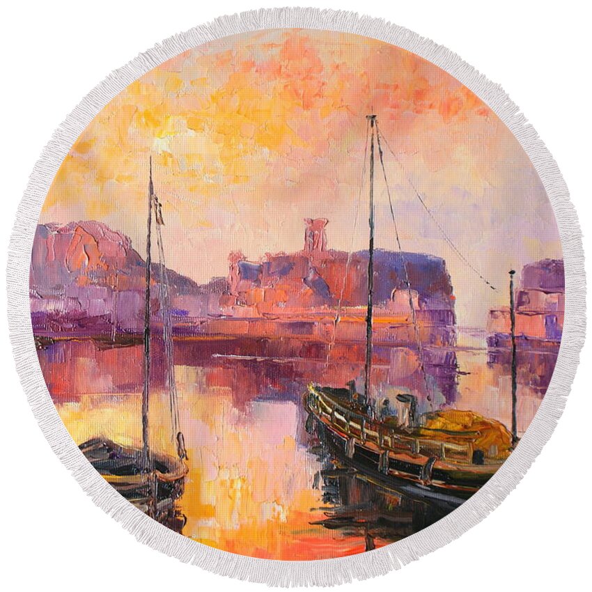 Harbour Round Beach Towel featuring the painting The Dunbar harbour by Luke Karcz