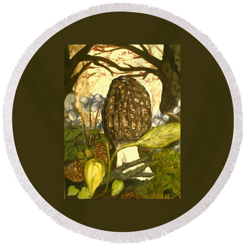 Morel Round Beach Towel featuring the painting The Elusive Morel Among Violets by Alexandria Weaselwise Busen