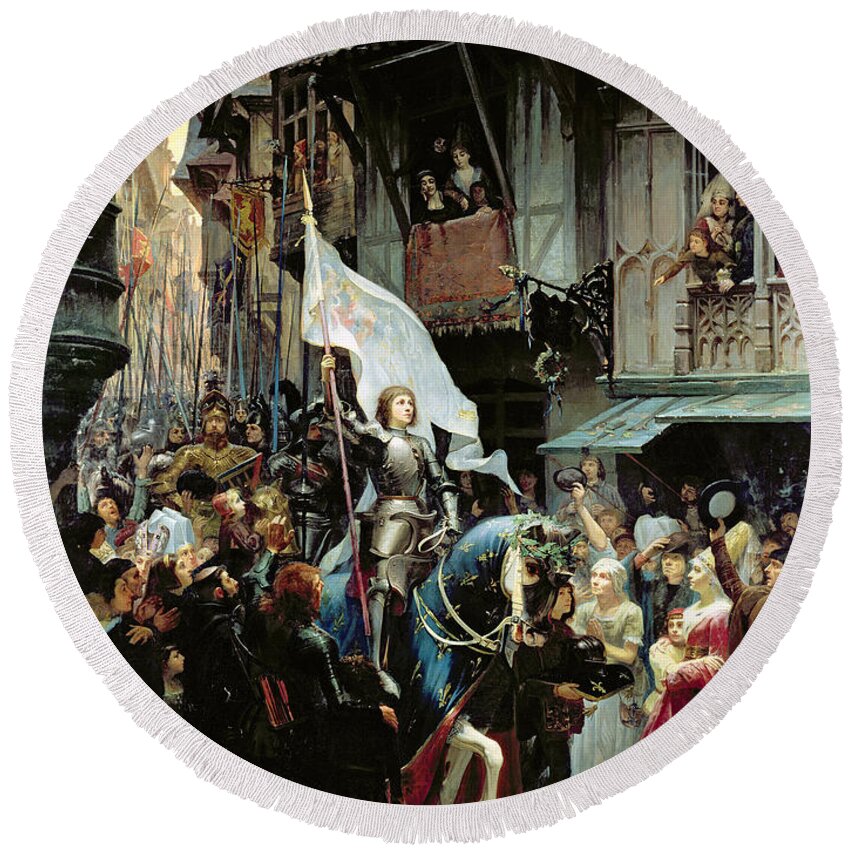 Joan Of Arc Round Beach Towel featuring the painting The Entrance Of Joan Of Arc into Orleans by Jean-Jacques Scherrer
