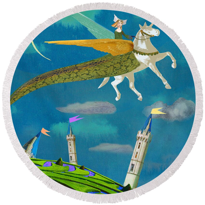 Princess Round Beach Towel featuring the painting The evening flight by Victoria Fomina