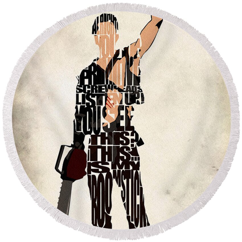 Ash Round Beach Towel featuring the digital art The Evil Dead - Bruce Campbell by Inspirowl Design