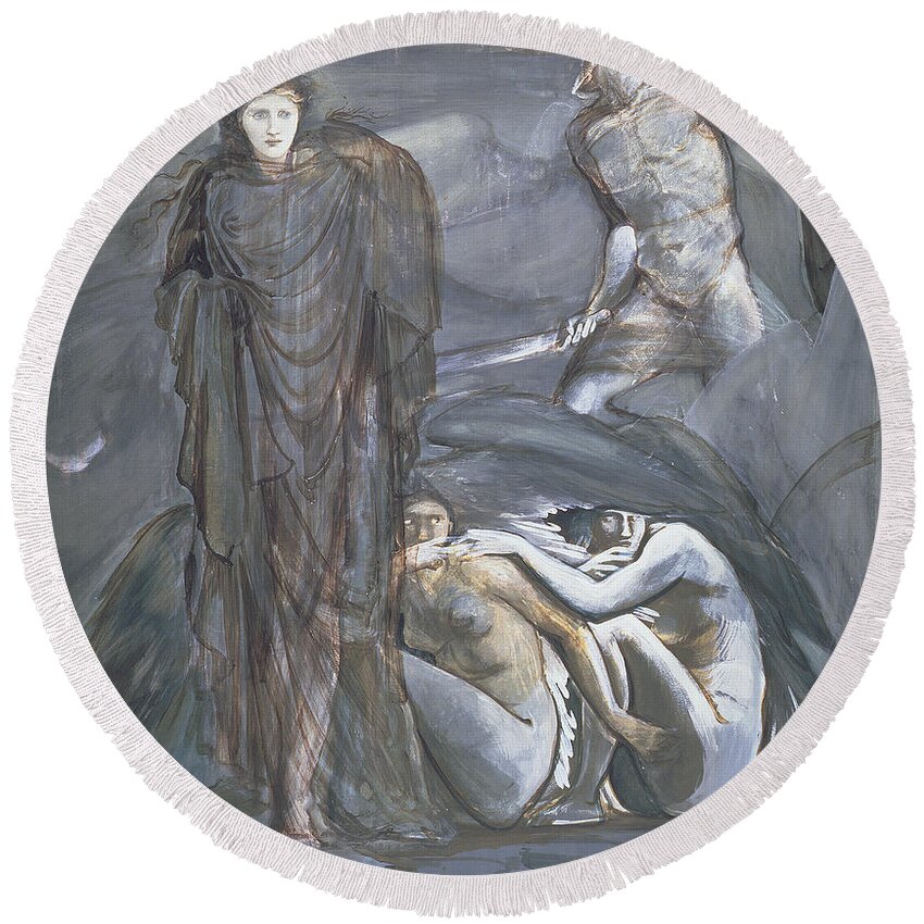 Gorgon Round Beach Towel featuring the drawing The Finding Of Medusa, C.1876 by Edward Burne-Jones