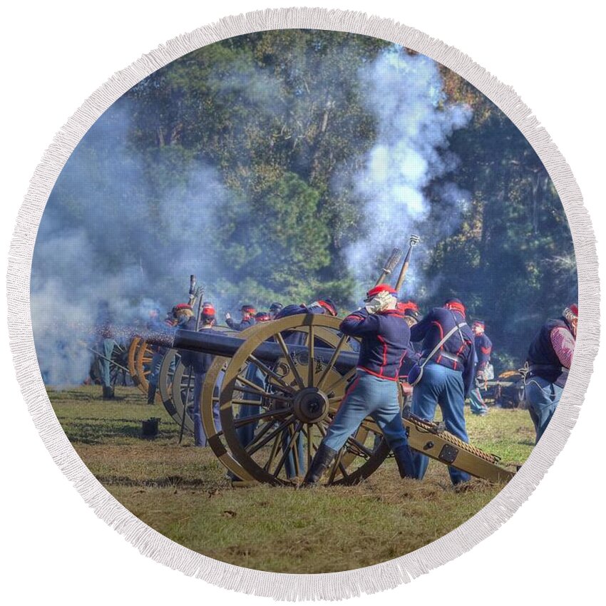 Historic Round Beach Towel featuring the photograph The Fire Of The Cannons by Kathy Baccari