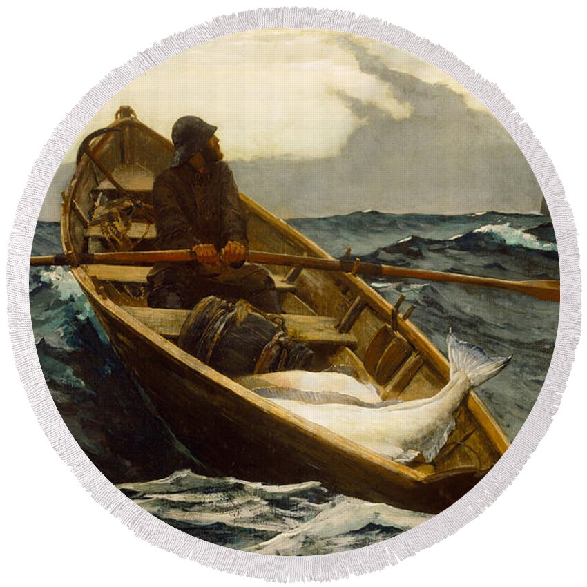 Winslow Homer Round Beach Towel featuring the painting The Fog Warning by Winslow Homer
