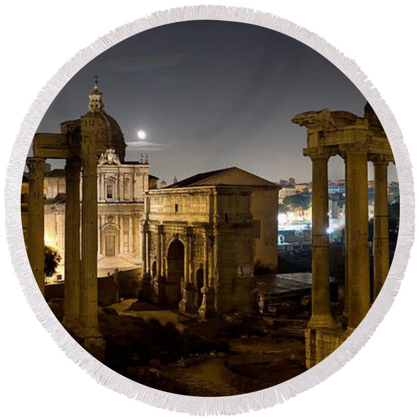 Forum Round Beach Towel featuring the photograph The Forum Temples at Night by Weston Westmoreland