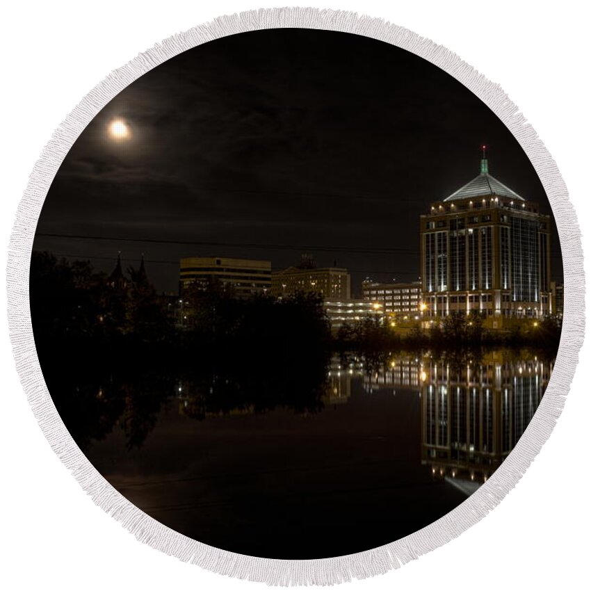 Wausau Round Beach Towel featuring the photograph The Full Moon over the Dudley Tower by Dale Kauzlaric