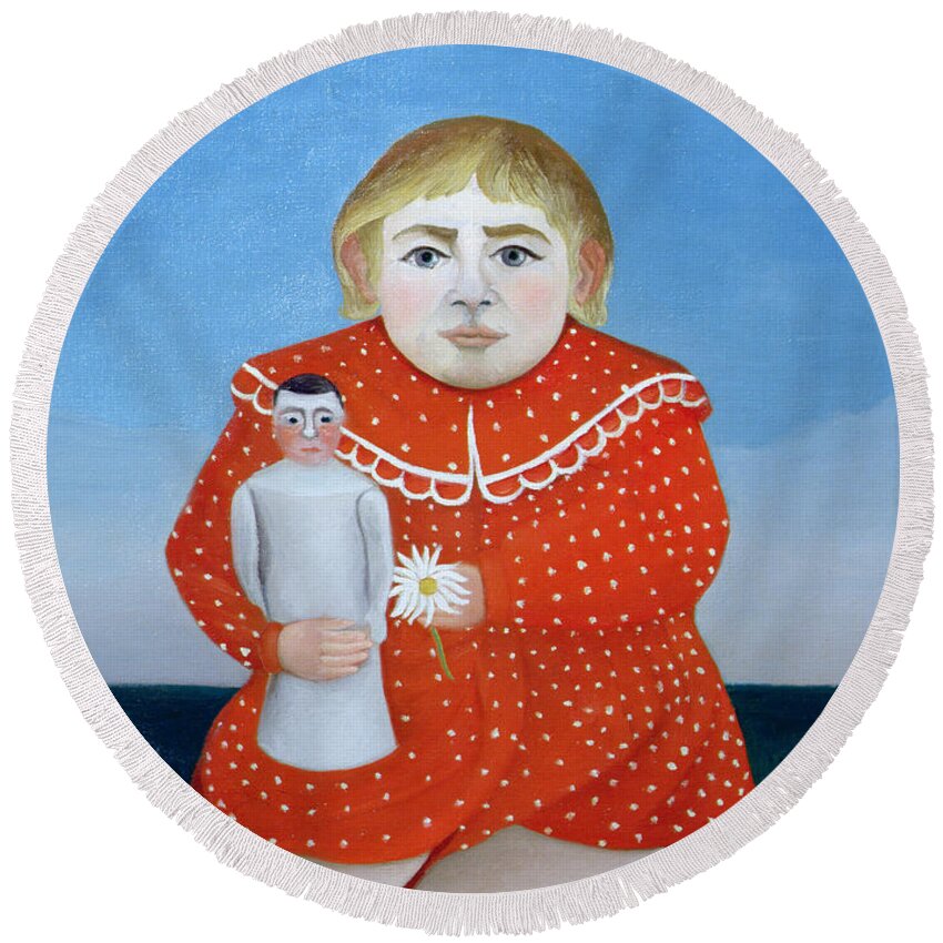 Naive Round Beach Towel featuring the photograph The Girl With A Doll, C.1892 Or C.1904-05 Oil On Canvas by Henri J.F. Rousseau
