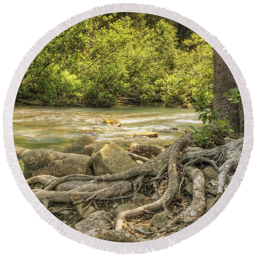Gnarled Round Beach Towel featuring the photograph The Gnarled Roots of Haw Creek by Jason Politte
