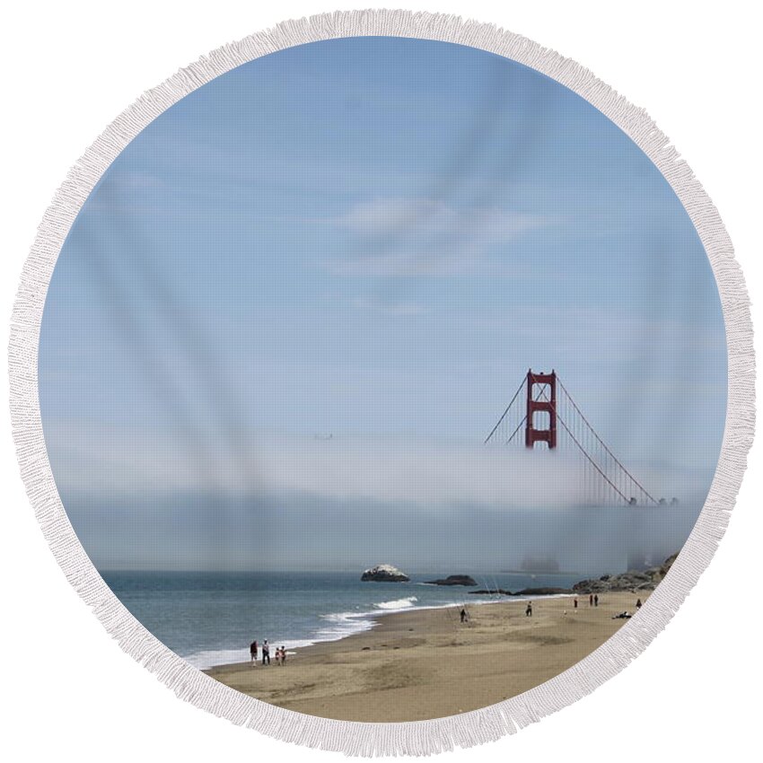Golden Gate Round Beach Towel featuring the photograph The Golden Gate In Fog by Christiane Schulze Art And Photography