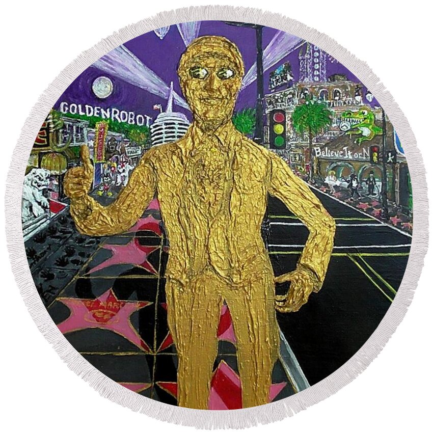 Hollywood Round Beach Towel featuring the painting The Golden Robot by Jonathan Morrill