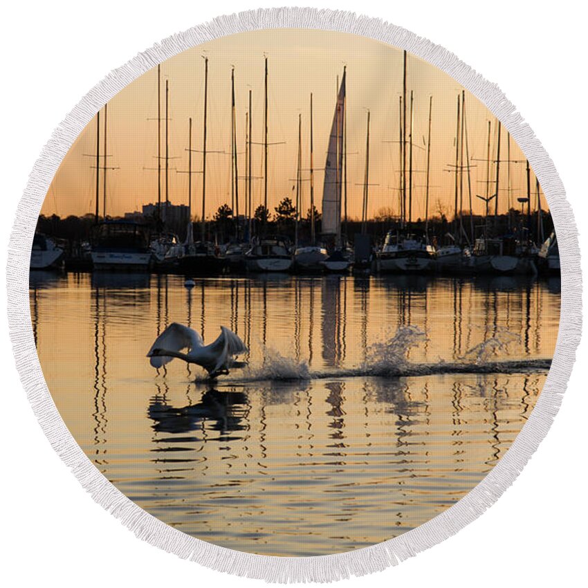 Takeoff Round Beach Towel featuring the photograph The Golden Takeoff - Swan Sunset and Yachts at a Marina in Toronto Canada by Georgia Mizuleva