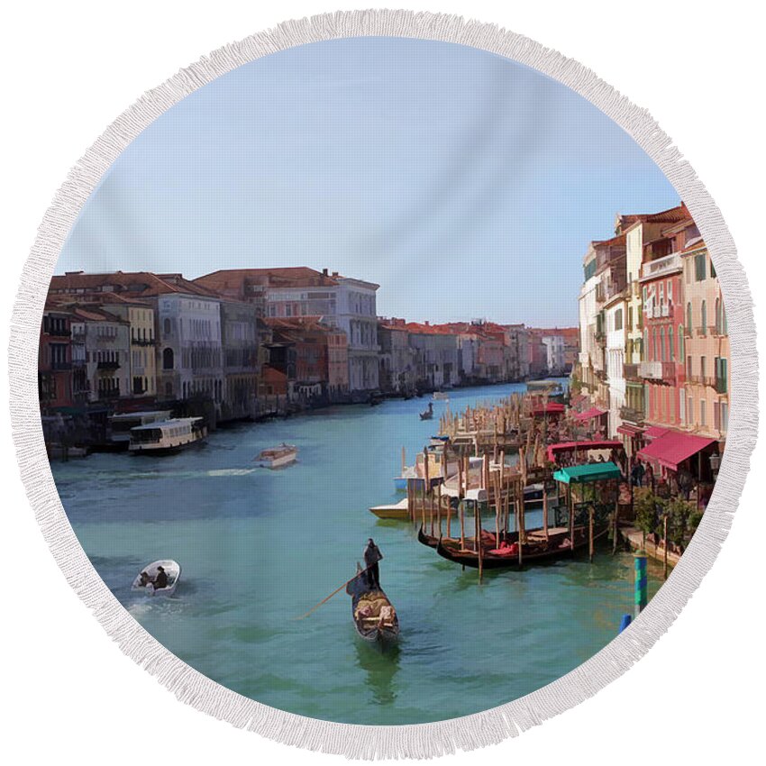 Venice Image Round Beach Towel featuring the photograph The Grand Canal Venice Oil Effect by Tom Prendergast