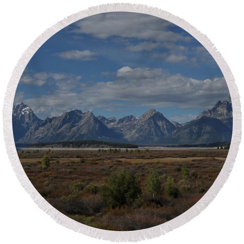 Grand Tetons Round Beach Towel featuring the photograph The Grand Tetons by Frank Madia