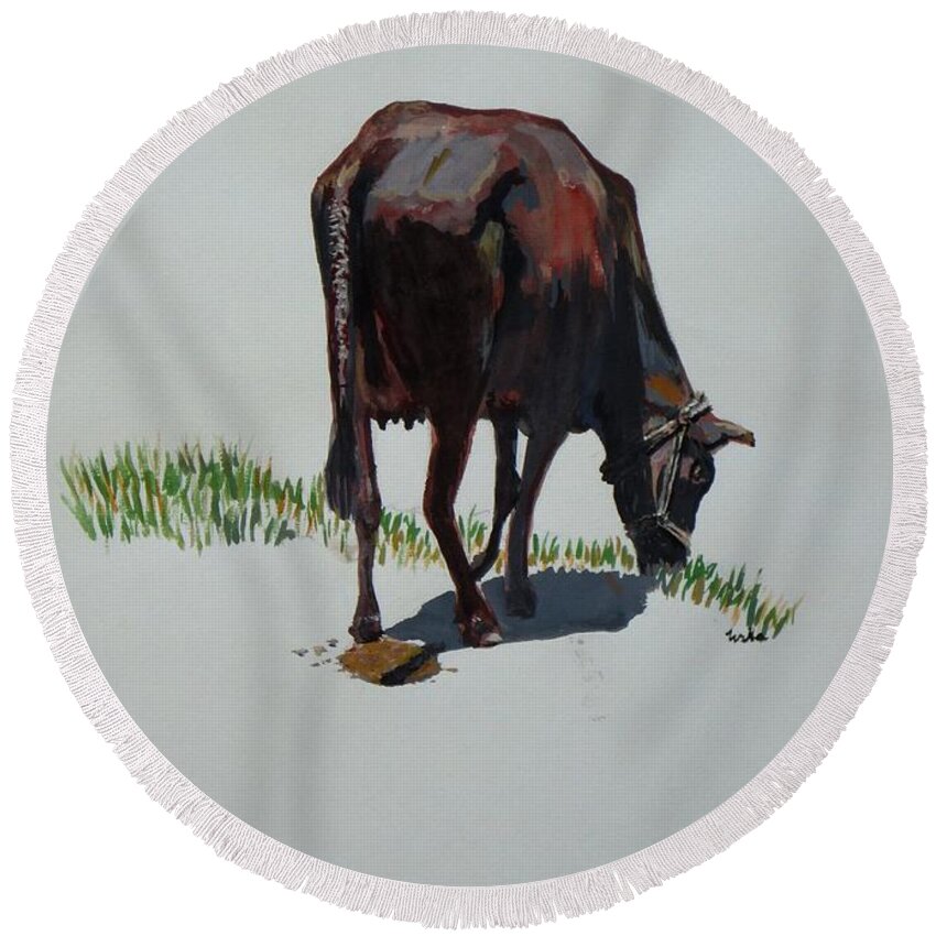 The Holy Cow Round Beach Towel featuring the painting The Holy Cow and dung. by Usha Shantharam