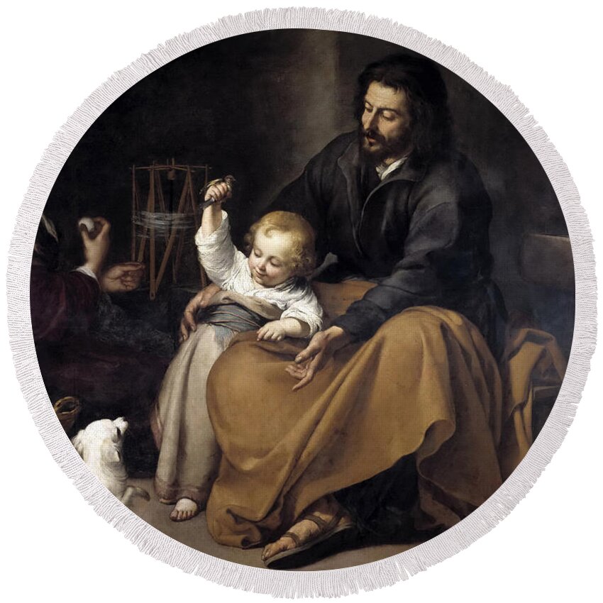 Bartolome Esteban Murillo Round Beach Towel featuring the painting The Holy Family with a Little Bird by Bartolome Esteban Murillo