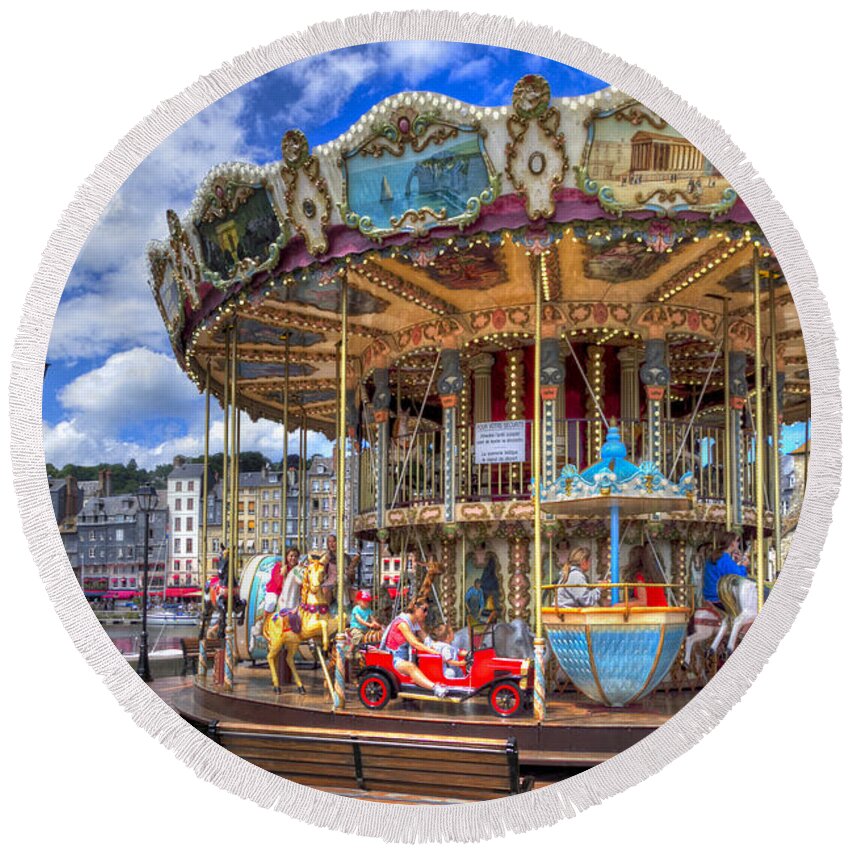 France Round Beach Towel featuring the photograph The Honfleur Carousel by Tim Stanley