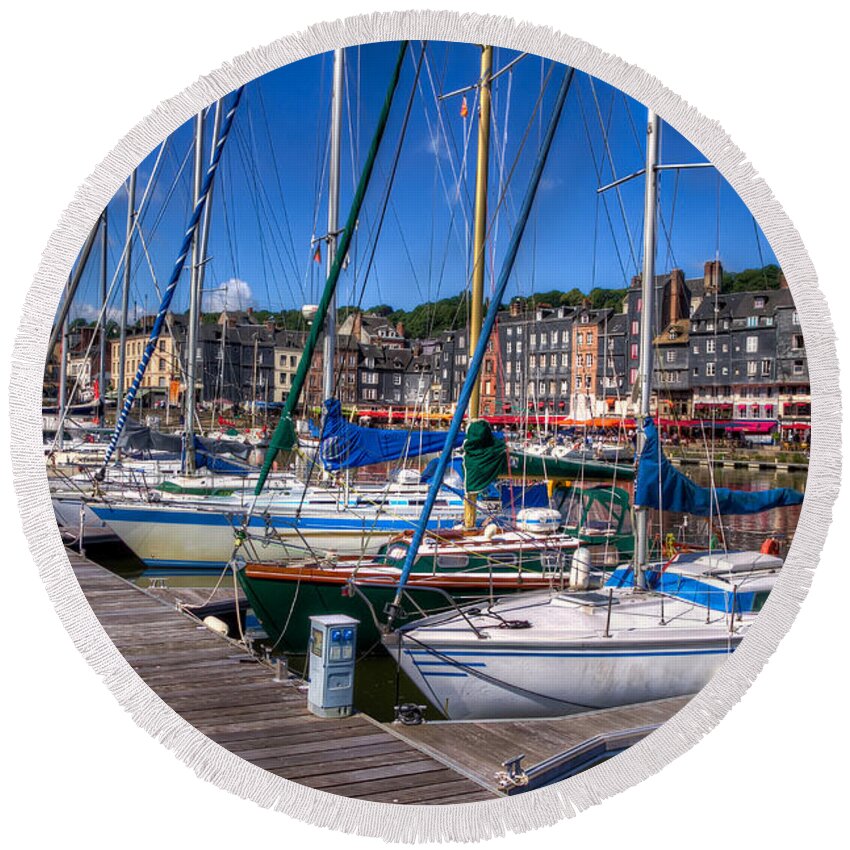 France Round Beach Towel featuring the photograph The Honfleur Marina by Tim Stanley
