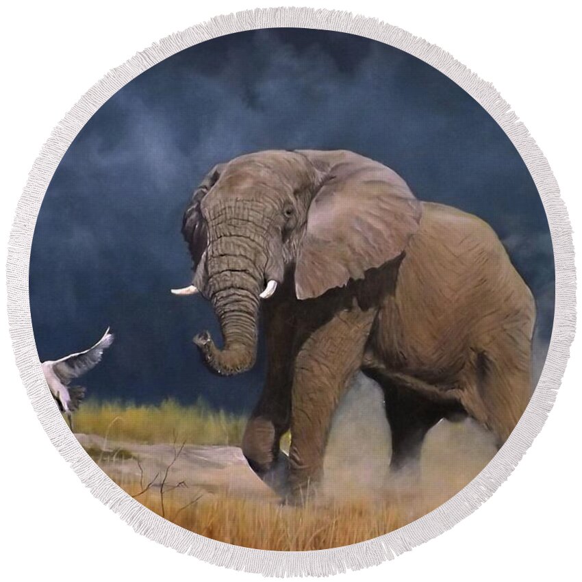 Elephant Round Beach Towel featuring the painting The Journey by Barry BLAKE