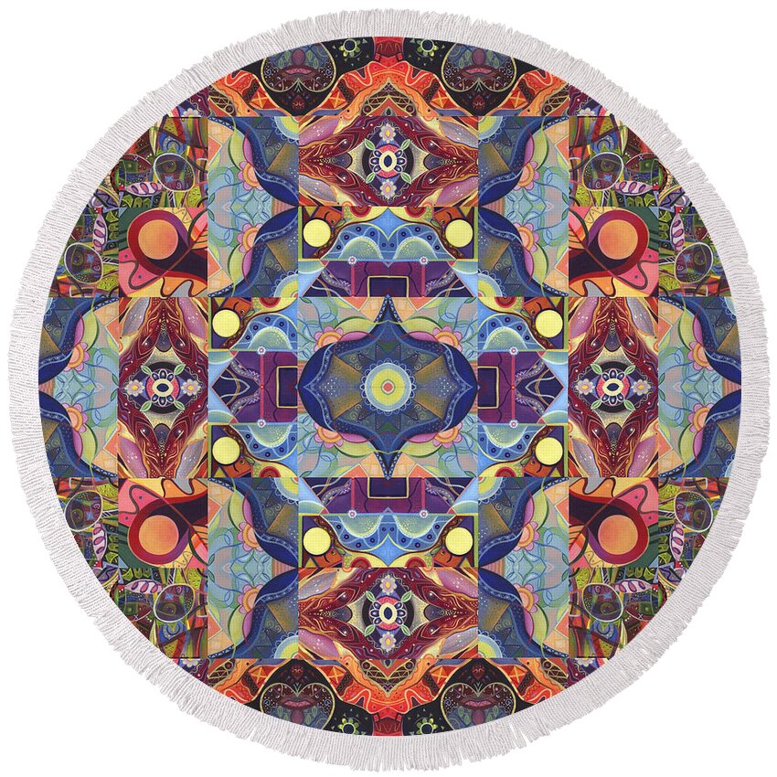 Abstract Round Beach Towel featuring the mixed media The Joy of Design Mandala Series Puzzle 1 Arrangement 1 by Helena Tiainen