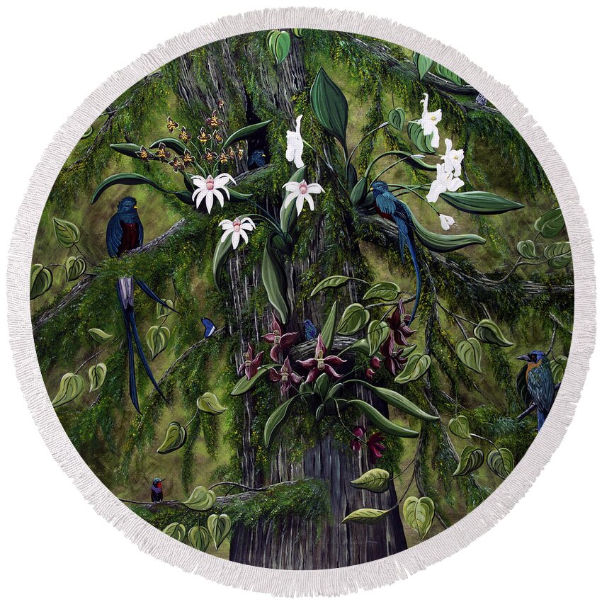 Quetzal Birds Round Beach Towel featuring the painting The Jungle of Guatemala by Jennifer Lake