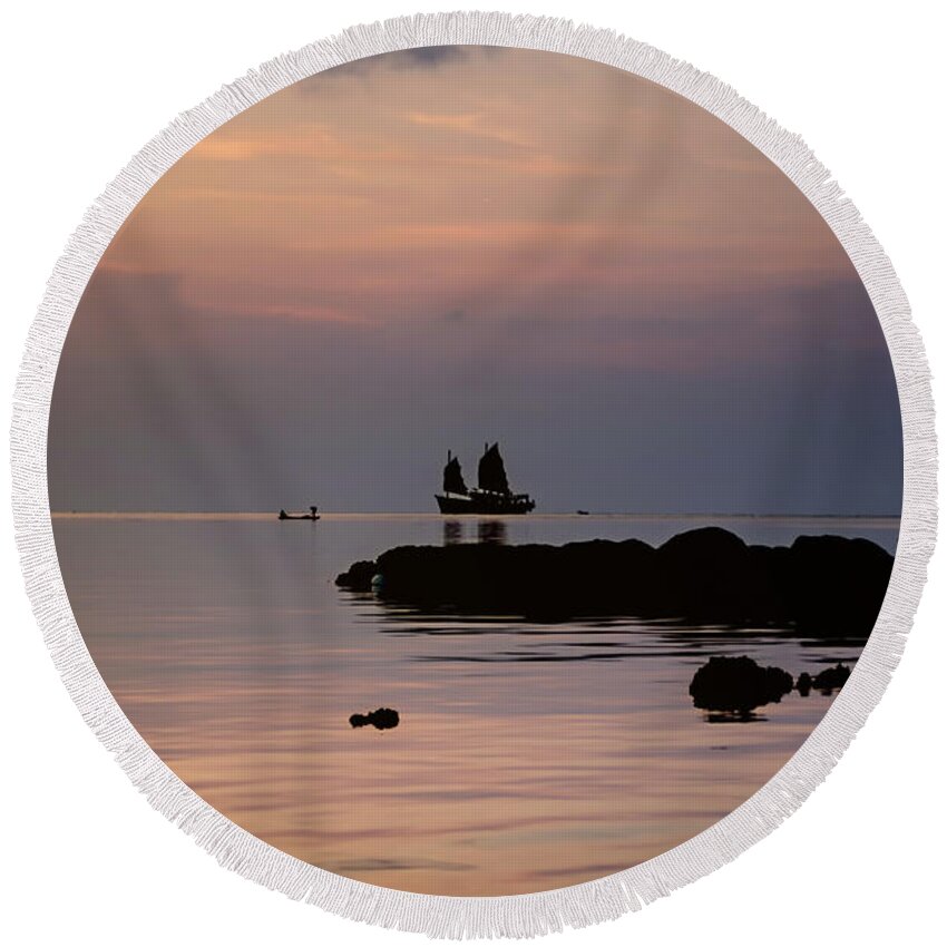 Michelle Meenawong Round Beach Towel featuring the photograph The Junk And The Fisherman by Michelle Meenawong