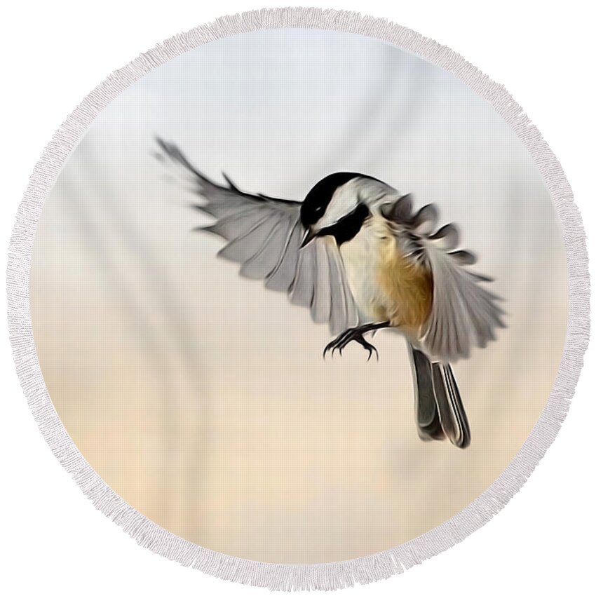Chickadee Round Beach Towel featuring the photograph The landing by Bill Wakeley