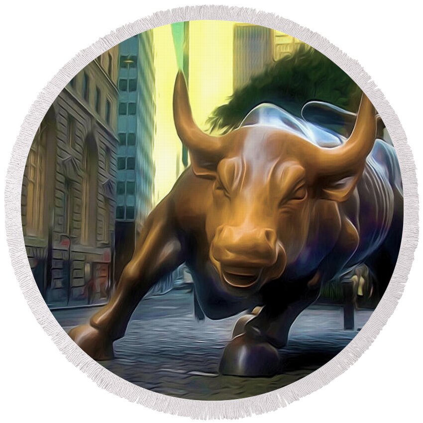 Charging Bull Statue At Bowling Green Is A Symbol Of The Perseverance Of The American People Round Beach Towel featuring the painting The Landmark Charging Bull In Lower Manhattan 2 by Jeelan Clark