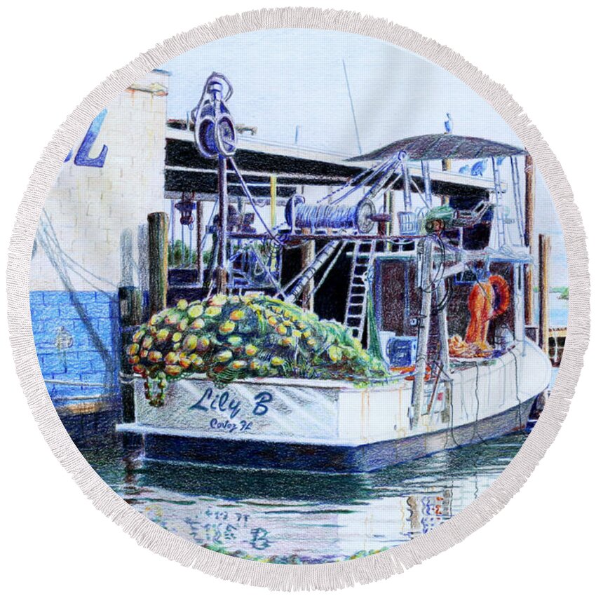 Boats Round Beach Towel featuring the painting The Lily B by Roger Rockefeller