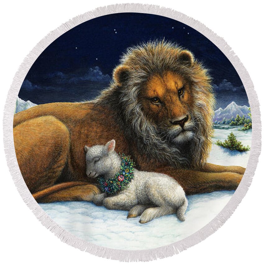 Christmas Round Beach Towel featuring the painting The Lion and the Lamb by Lynn Bywaters