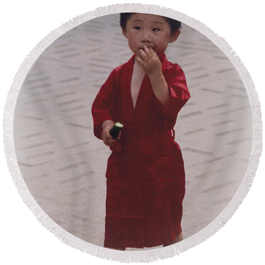 Heiko Round Beach Towel featuring the photograph The Little Boy in the Red Silk Dress by Heiko Koehrer-Wagner