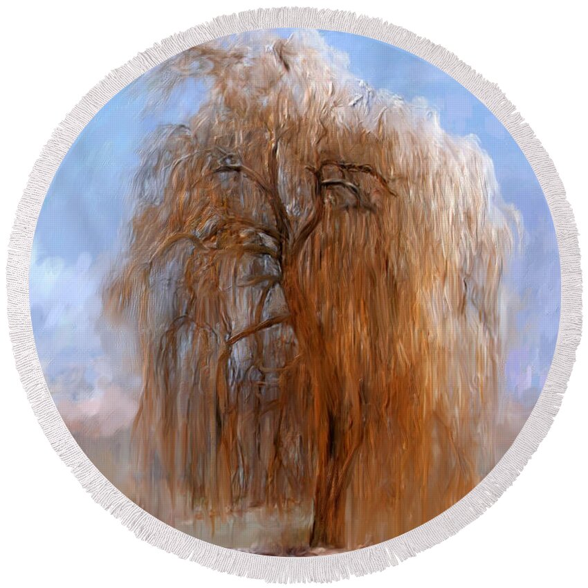Tree Round Beach Towel featuring the painting The Lone Willow Tree by Portraits By NC