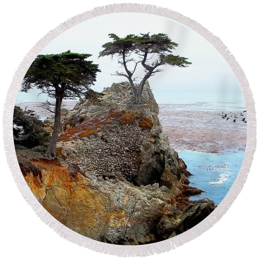 The Lone Cypress Round Beach Towel featuring the photograph The Lone Cypress - Pebble Beach by Glenn McCarthy Art and Photography