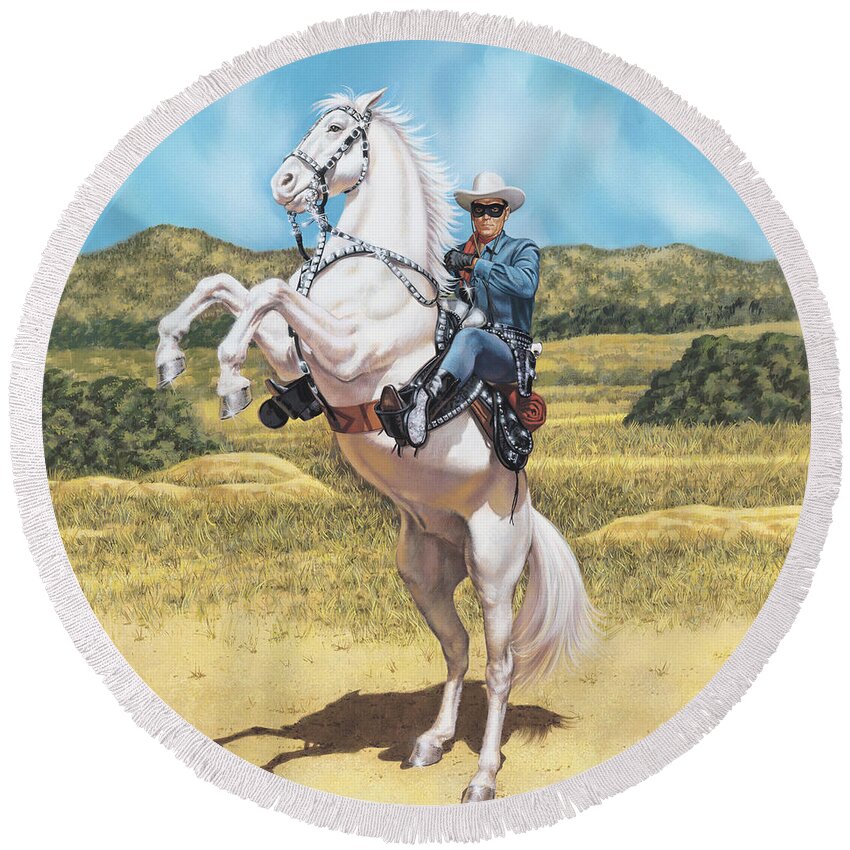 Portrait Round Beach Towel featuring the painting The Lone Ranger by Dick Bobnick