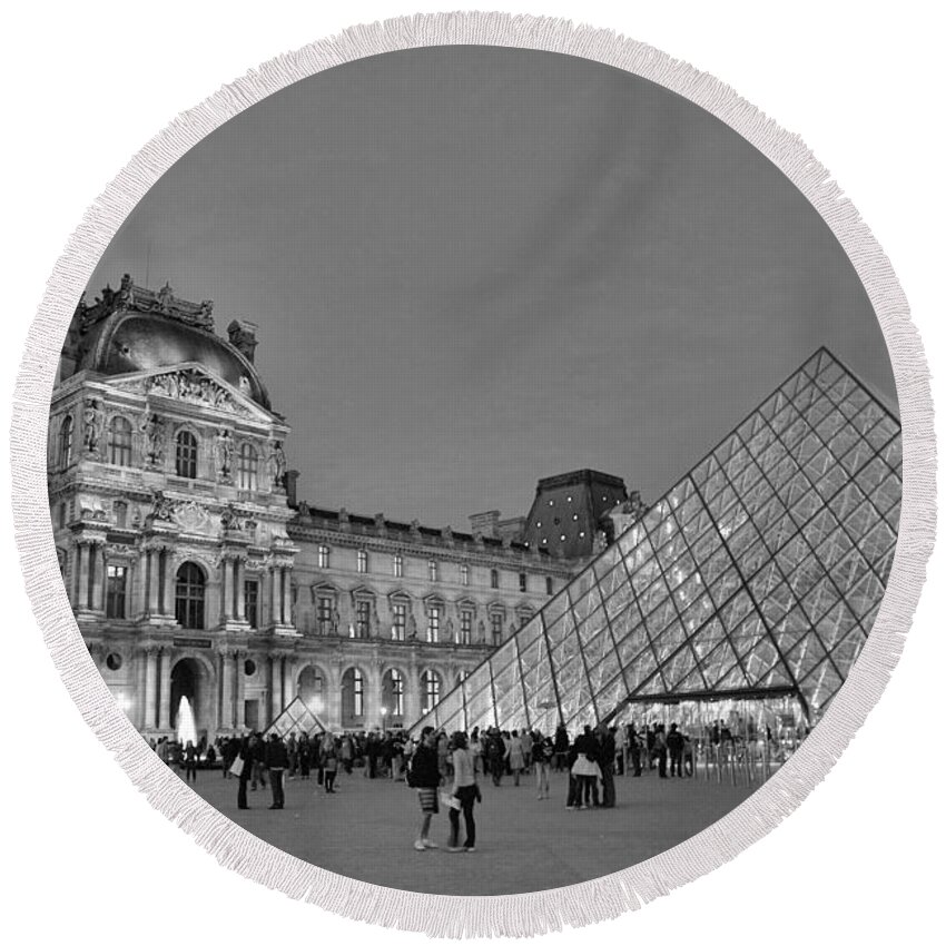 The Louvre Round Beach Towel featuring the photograph The Louvre Black and White by Allen Beatty