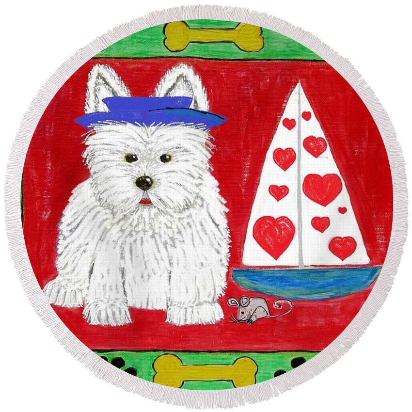West Highland Dog Round Beach Towel featuring the painting The Love Boat by Diane Pape