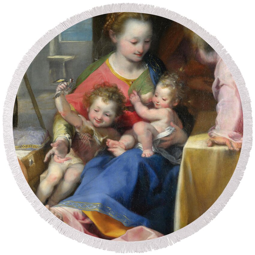 Federico Barocci Round Beach Towel featuring the painting The Madonna of the Cat by Federico Barocci