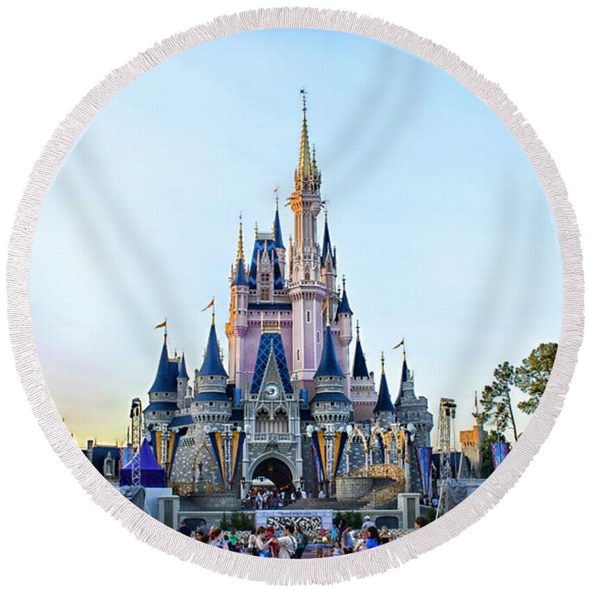 Magic Kingdom Round Beach Towel featuring the photograph The Magic Kingdom Castle On A Beautiful Summer Day Horizontal by Thomas Woolworth